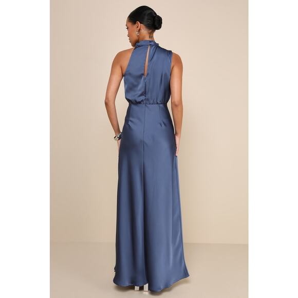 NWT Lulus Distinctive Charm Slate Blue Satin Asymmetrical Maxi Dress Wedding 1X - Picture 3 of 8